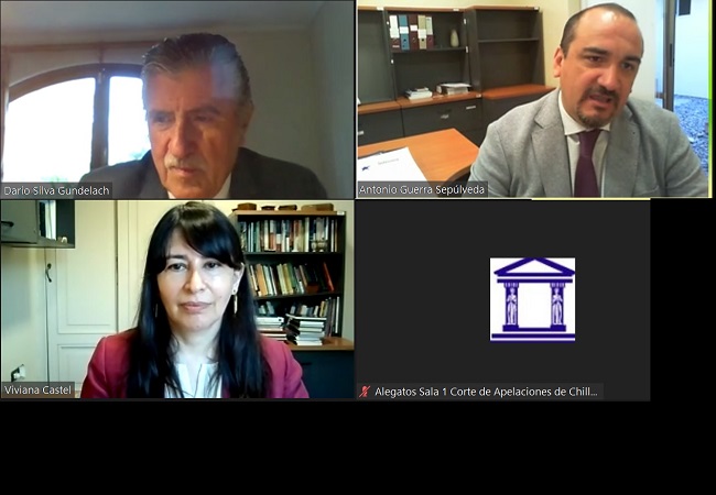 El Defensor Regional (S), Antonio Guerra, y la jefa de Estudios, Viviana Castel, durante el encuentro virtual con el presidente de la Corte..
