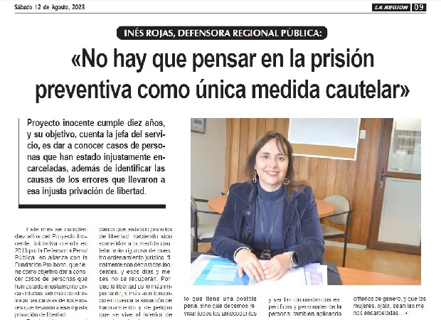 La entrevista a la Defensora Regional de Coquimbo,  publicada en el diario "La Región". 