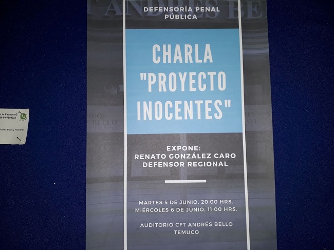 El afiche que convocó a la charla dictada por el Defensor Regional de La Araucanía, Renato González.