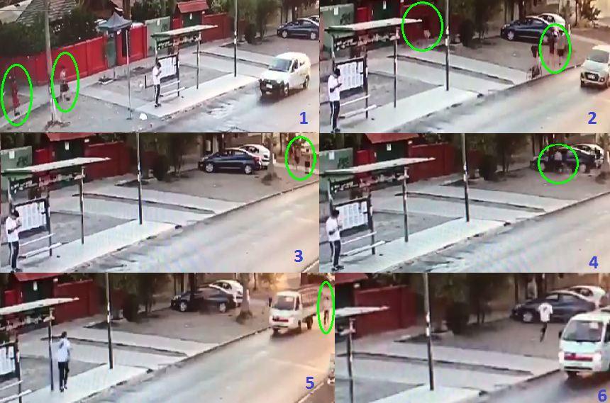 El video muestra a Carlos Tranamil de polera blanca en el paradero,mientras cuatro sujetos caminan hacia el auto. Él corre a ayudar a las víctimas.