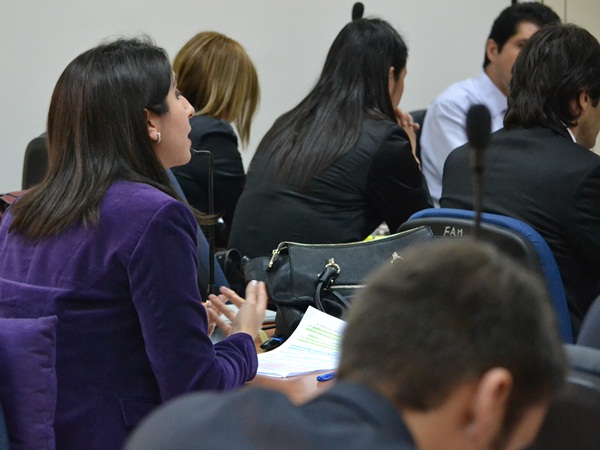 La defensora penal pública Paulina Avila, representante de tres imputados, durante su intervención ante el Tribunal Oral en lo Penal de Iquique.