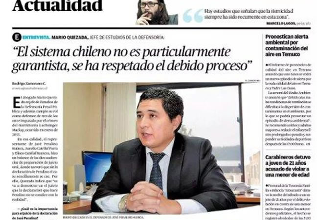 El jefe de Estudios de la Defensoría Regional de La Araucanía, Mario Quezada, en el diario El Austral Temuco.