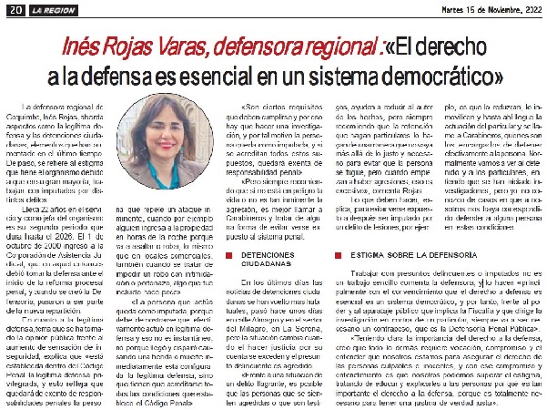 La entrevista del diario "La Región" a la Defensora Regional de Coquimbo, Inés Rojas.