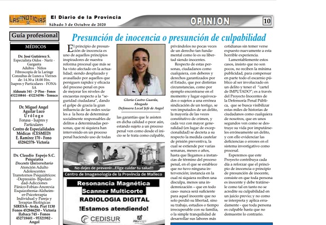 La defensora local jefe de Angol, Gloria Castro, escribe esta columna de opinión, publicada en el diario Las Noticias de Malleco.