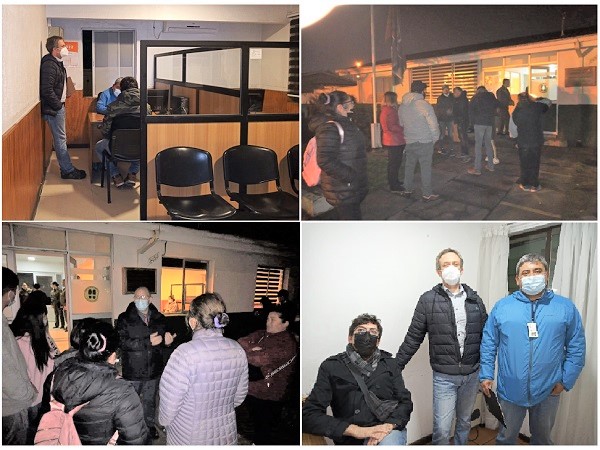 Defensores públicos al interior y exterior de la Cuarta Comisaría de Hualpén, atendiendo a los detenidos y sus familias tras el desalojo de ENAP.