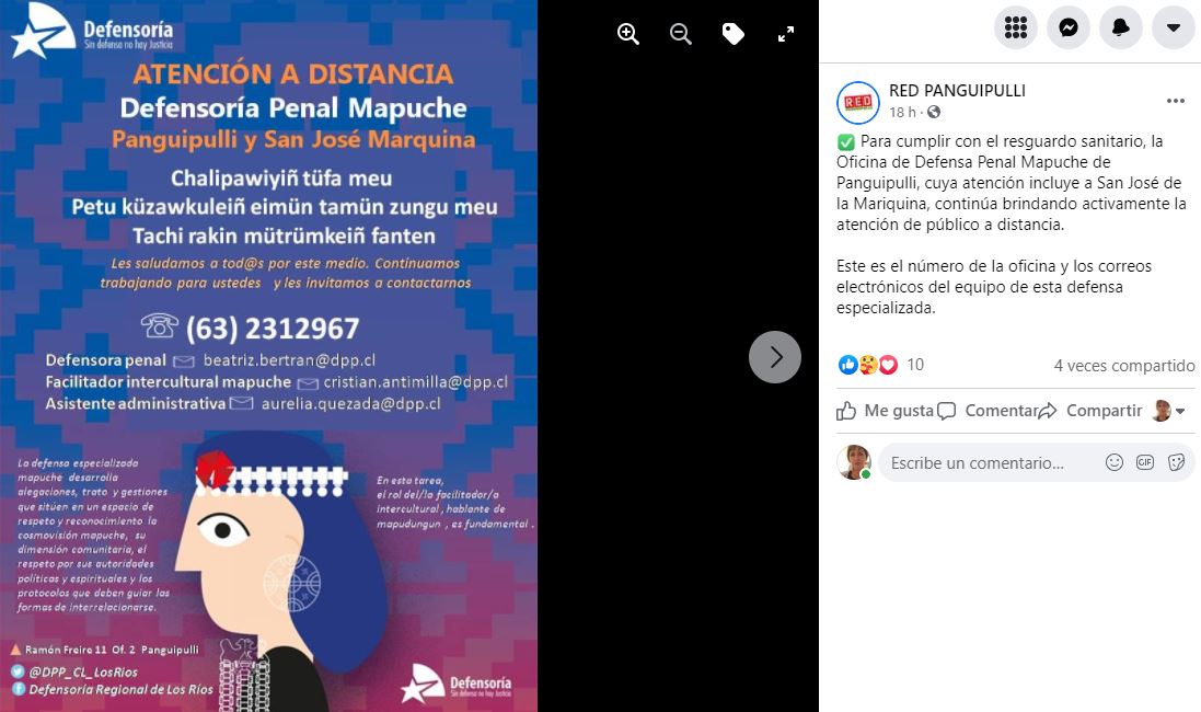 El afiche informa el teléfono de la oficina y los correos electrónicos de quienes integran el equipo de defensa penal mapuche de Panguipulli.