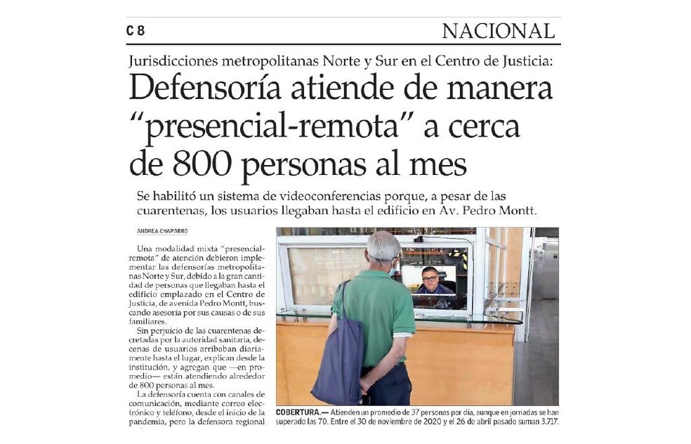 El Mercurio destacó a la Defensoría como el único servicio que atiende al público que llega al Centro de Justicia de Santiago (CJS).