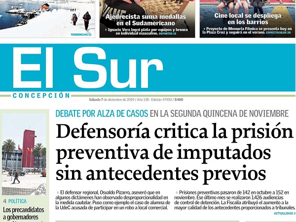El sábado 7 de diciembre la portada de El Sur de Concepción dio cuenta de la postura de la Defensoría ante el aumento de las prisiones preventivas.