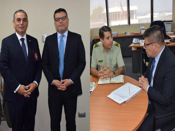 El Defensor Regional junto a las máximas jefaturas de la PDI y de Carabineros en la región de Tarapacá.