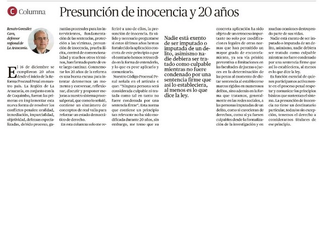 Renato González en la publicación de El Austral, relevando la presunción de inocencia durante el seminario por los 20 años de la reforma.