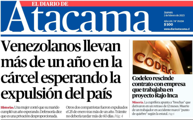 Portada del diario Atacama, publicado el jueves 2 de febrero de 2023.