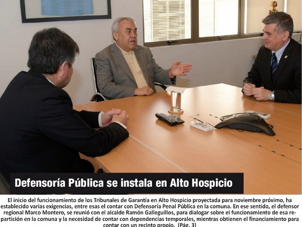  Recorte de la primera plana del diario El Longino, que destaca las gestiones para que la Defensoría Penal Pública de instale en Alto Hospicio.