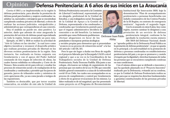 El defensor penal público Juan Pablo Alday en la publicación del diario Malleco 7.