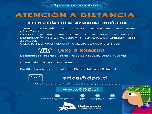El afiche en lengua aymara preparado por la facilitadora intercultural Inés Flores, dependiente de la Defensoría Regional de Arica y Parinacota.. 