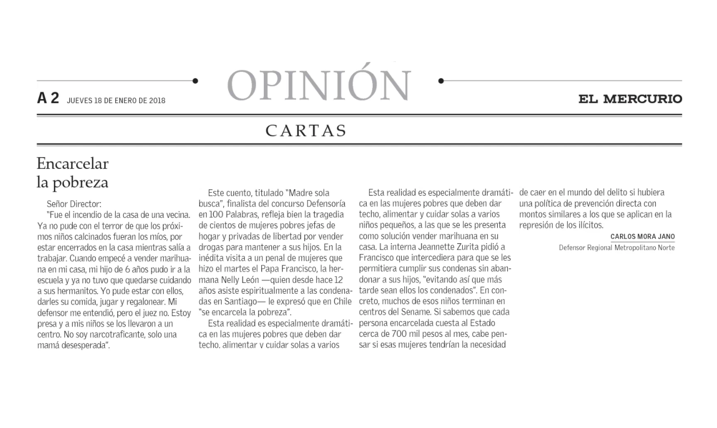 El Mercurio publicó lacarta del Defensor Regional Carlos Mora, referida a la visita del Papa Francisco a la Cárcel de Mujeres.