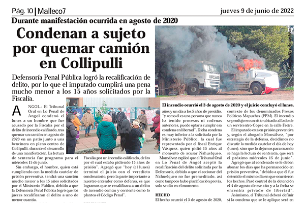 El periódico local "Malleco 7" destacó el trabajo de la defensa pública en el caso.