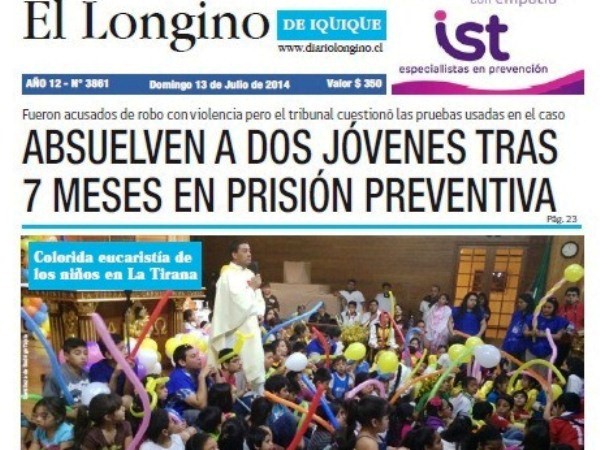 La portada dominical del diario iquiqueño El Longino.