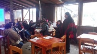 Comunidad mapuche en Villarrica conversando con la facilitadora intercultural Alejandra Contreras